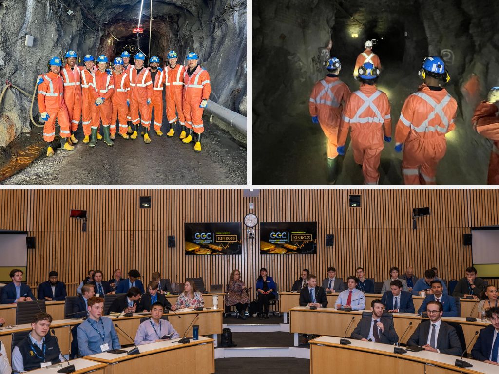 Top: Sudbury participants in orange jumpsuits exploring the Sudbury mines. Bottom: Competition participants in formal attire presenting in a conference room.